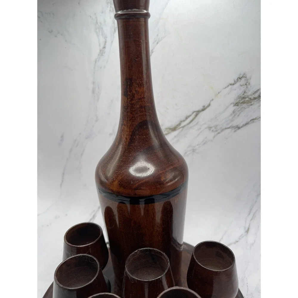 Vtg Wood Turned Saki Decanter‎ Set With 6 Goblet Shot Cups Tray Home Decor MCM